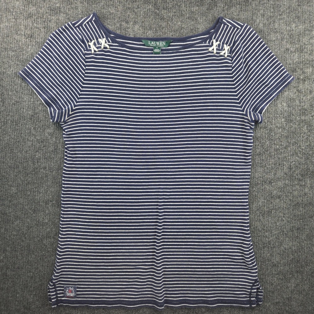 Lauren Ralph Lauren Striped T-Shirt Womens M Blue White Nautical Lace Up detail